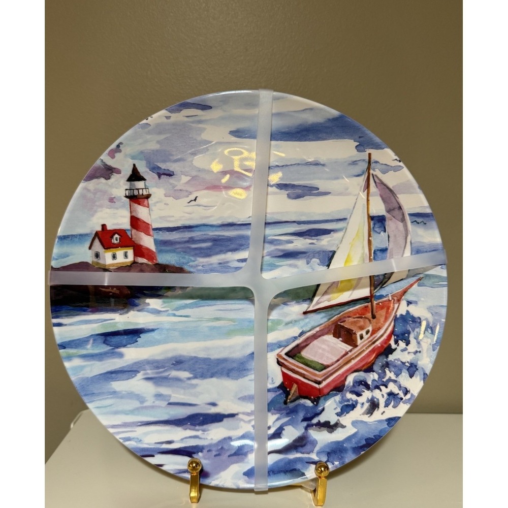 New set of 4 Coastal Sailboat Lighthouse Nautical Ocean Scene MELAMINE Plates 9"